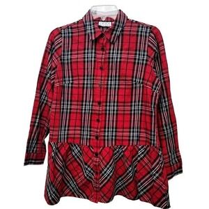 Joan Rivers Women XXS Red Plaid Long Sleeve Peplum Blouse Preppy Academia Office
